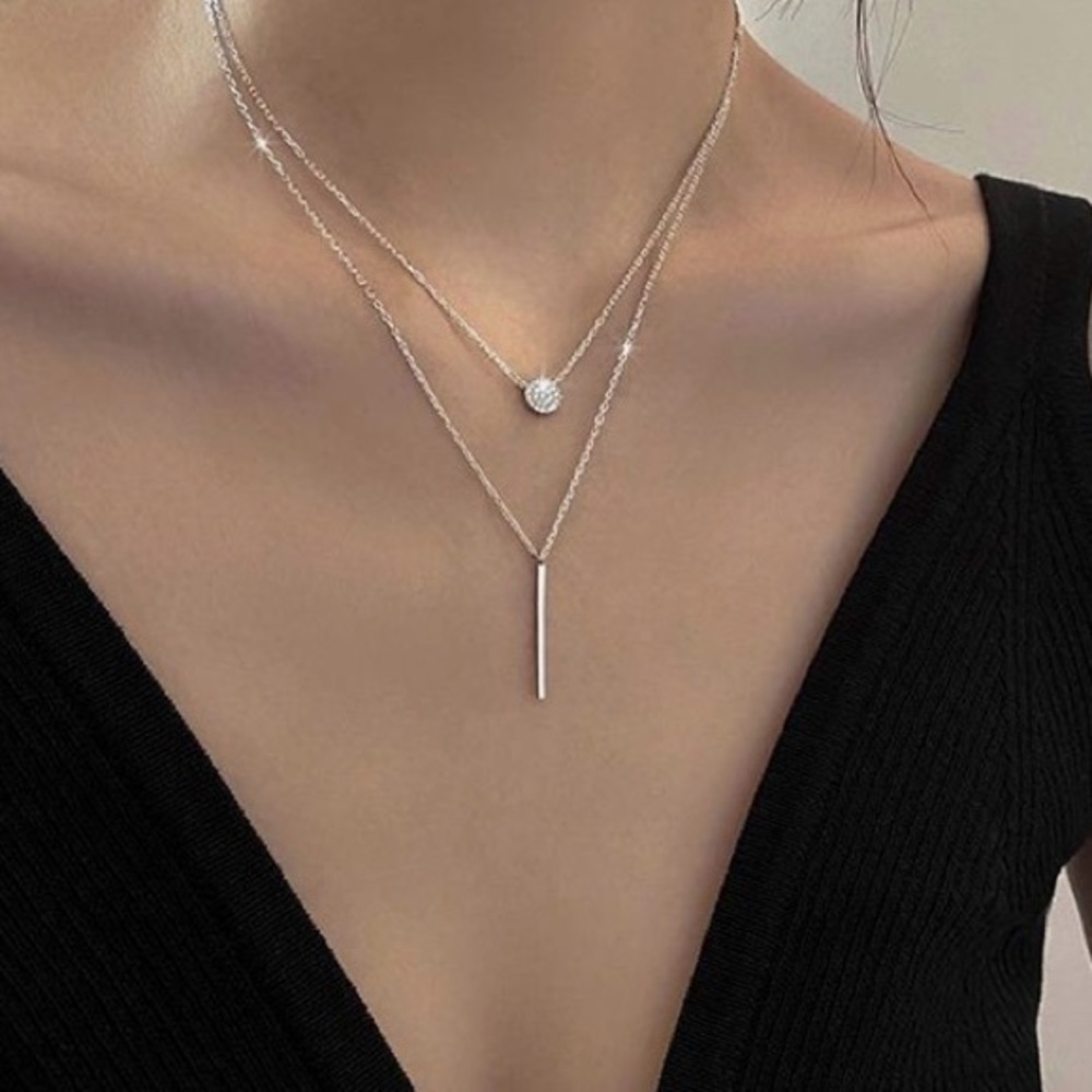 Silver Layered Bar and Disc Necklace